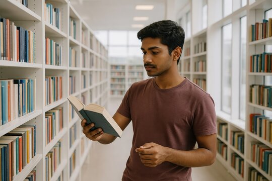 Indian man in a library or bookstore choosing a book - Powered by Adobe