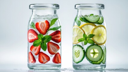 Two glass jars filled with sliced strawberries, lemon, cucumber, and mint leaves, showcasing fresh infused water with fruit and herb flavors.