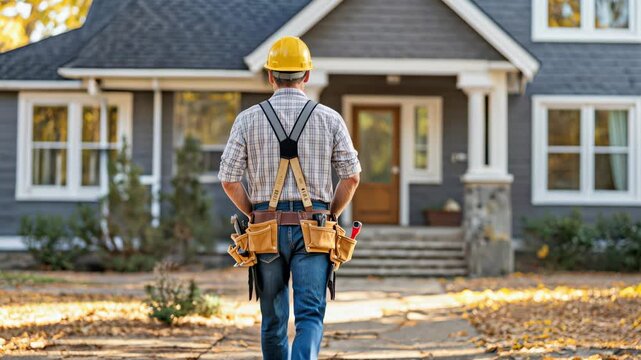 Construction worker with tool belt and hard hat walking towards a house ready to renovation or inspection work. - Powered by Adobe