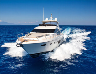 Fototapeta premium A high-speed racing boat leaving a dramatic white water trail against a deep blue ocean horizon.