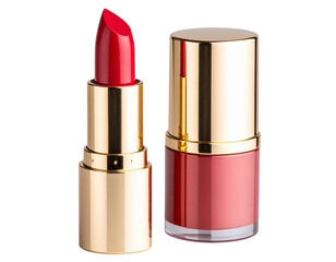Obraz premium Angled View of Open Red Lipstick with Cap Beside – Glamorous Makeup Element PNG