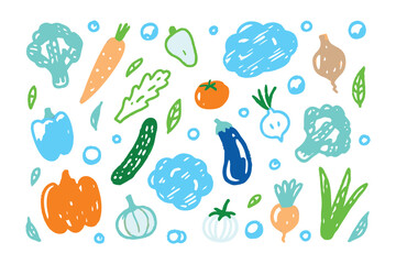 Fresh Bounty of the Earth: A vibrant array of hand-drawn vegetables and fruits, bursting with color, celebrates the bounty of nature's harvest. Each element is crafted with care and simplicity.