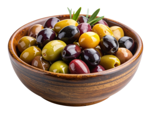  Assortment of Green, Black, and Kalamata Olives in Rustic Bowl, Side View, Isolated PNG