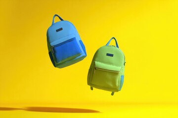 Two vibrant neon green and blue backpacks floating in the air isolated on yellow background. Colorful school bags are suspending mid-air. Dynamic movement composition. product presentation, playtime