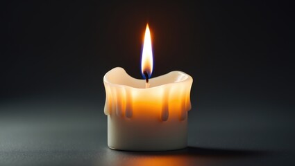 A lit candle with melted wax dripping down, illuminated against a dark background.