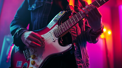 Obraz premium Guitarist in a moody garage studio with colored lighting, wear marks and sticker layers on the guitar body