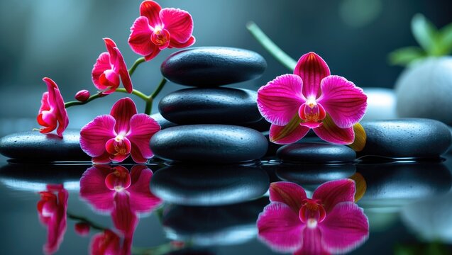 Pink orchids and stacked black stones with water reflection, spa and relaxation, wellness, tranquility, and harmony. The concept of serenity and natural healing.
