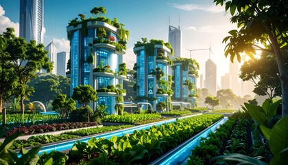 Futuristic city with vertical farms
