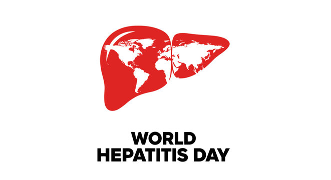 A striking graphic illustration featuring a red human liver with a world map, symbolizing global awareness for World Hepatitis Day on a clean white background. - Powered by Adobe