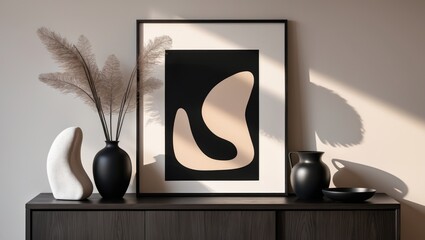 A minimalist interior decor scene with a framed abstract art piece, black vases, and dried pampas grass on a dark wooden sideboard, with shadows cast on the wall.