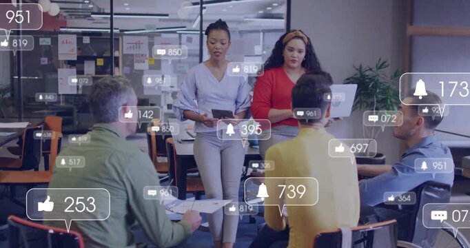 Team starting business office meeting, generating animated icons tracking social media engagement