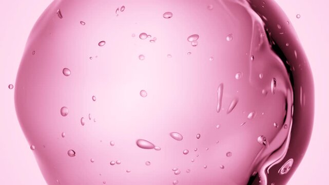 Close-up 3D animation of transparent liquid drop with suspended air bubbles on soft pink background, ideal for natural serum ads, organic skincare, cosmetic science, and beauty branding visuals