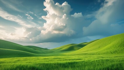 Obraz premium Verdant green hills under a partly cloudy sky with bright sunlight and dramatic clouds. Nature landscape scene. Idyllic countryside view.