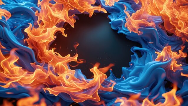 Vortex of blue and orange flames forming a circular pattern, creating a fiery eye-like shape with a dark center.