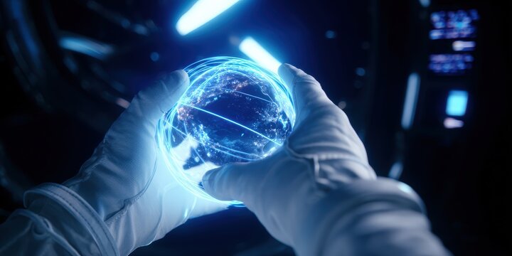 Astronaut Holding Futuristic Holographic Earth in Space