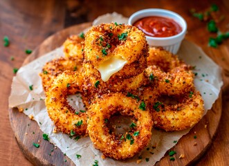 Fried cheese rings in crispy breading, served on parchment paper with sauce and parsley