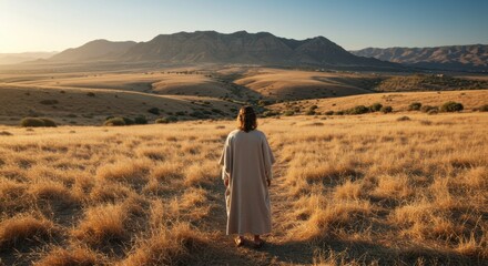 Messiah looking over dry grassy hills and mountains, a spiritual journey through the desert landscape for Christian themes.
