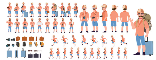 Traveler character model sheet, Character poses, expressions, Walk cycle, Run cycle animated character sequences.