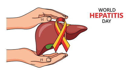 Hands gently cradle a stylized liver adorned with a yellow and red ribbon, symbolizing World Hepatitis Day awareness and care.
