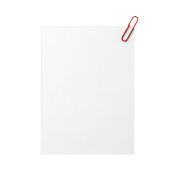Blank white sheet of paper held by a red paperclip mockup. Isolated on transparent background, png