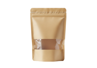 Brown kraft paper pouch with a clear window for food packaging. Isolated on transparent background, png