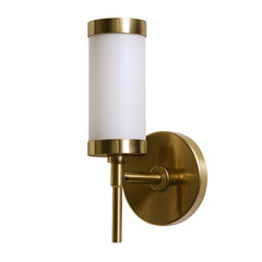 Elegant brass wall sconce with a frosted glass shade, adding a warm glow to any space.