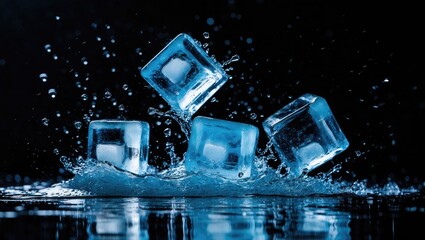 Four ice cubes splashing into water with droplets and reflections, capturing a dynamic moment, cold and refreshing, with a dark background.