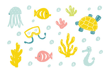 Undersea Dreamscape: An enchanting illustration of vibrant aquatic life and essential diving elements invites a playful underwater exploration.