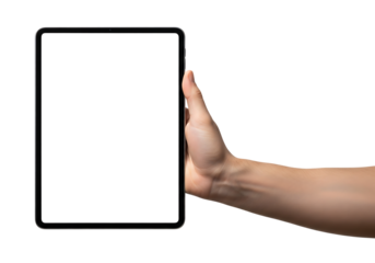 Hand holding a tablet device with a blank screen for mockup. Isolated on transparent background, png