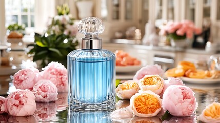Light blue perfume bottle surrounded by pastel colored flowers.