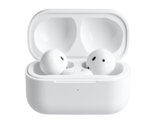 Front View of Wireless Earbuds in Open Charging Case – Minimal Tech Product PNG