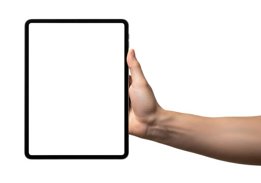 Hand holding a tablet device with a blank screen for mockup. Isolated on transparent background, png - Powered by Adobe