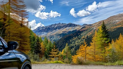 Enjoy the breathtaking views of colorful autumn trees and majestic mountains while driving along a scenic route - Powered by Adobe