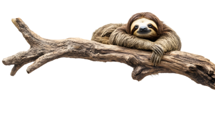 Adorable Sloth Hanging on Tree Branch in Isolation on White Background