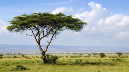 Obraz premium Majestic Acacia Tree Collection: Stunning Visuals of Thorny Branches, Fluffy Yellow Blooms, and Graceful Silhouettes Against Savanna Skies, Ideal for Wildlife Documentaries, African Safari Campaigns