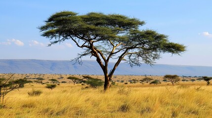 Obraz premium Majestic Acacia Tree Collection: Stunning Visuals of Thorny Branches, Fluffy Yellow Blooms, and Graceful Silhouettes Against Savanna Skies, Ideal for Wildlife Documentaries, African Safari Campaigns