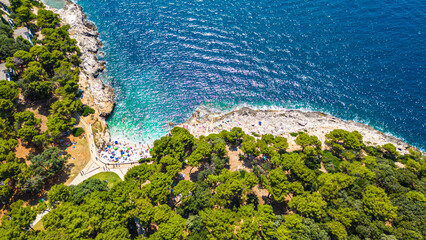Aerial view of Verudela Peninsula near Pula, Croatia – Grand Hotel Brioni, Hawaii Beach, Verudela Canyon and scenic Adriatic coastline © Viktor