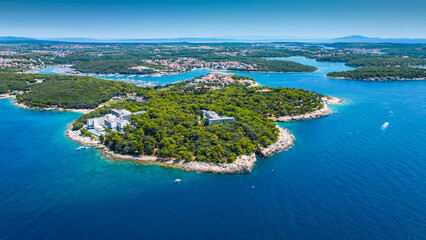Aerial view of Verudela Peninsula near Pula, Croatia – Grand Hotel Brioni, Hawaii Beach, Verudela Canyon and scenic Adriatic coastline