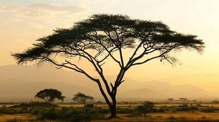 Obraz premium Majestic Acacia Tree Collection: Stunning Visuals of Thorny Branches, Fluffy Yellow Blooms, and Graceful Silhouettes Against Savanna Skies, Ideal for Wildlife Documentaries, African Safari Campaigns