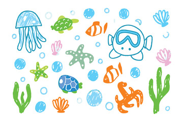 Underwater Creatures: A collection of whimsical underwater creatures, including a jellyfish, turtle, fish, and seahorse. This artistic illustration is set against a backdrop of bubbles.