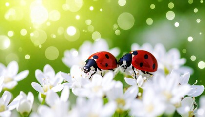 macro photo shot of a pair of ladybugs on white flowers against a yellow and green background