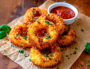 Fried cheese rings in crispy breading, served on parchment paper with sauce and parsley
