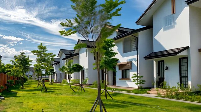 Rows of contemporary houses with green trees create a peaceful atmosphere on a sunny day, inviting exploration and relaxation outdoors