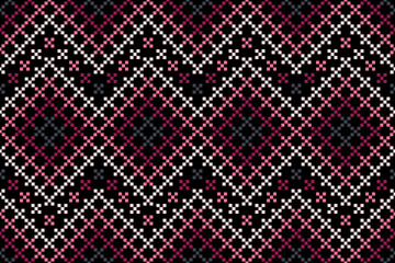 A seamless pixel art pattern inspired by traditional ethnic textiles. Featuring geometric motifs and intricate symmetrical designs, perfect for fashion, fabric prints, digital backgrounds, and decorat