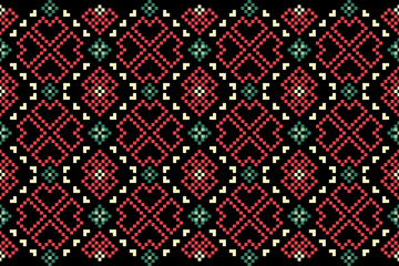 A seamless pixel art pattern inspired by traditional ethnic textiles. Featuring geometric motifs and intricate symmetrical designs, perfect for fashion, fabric prints, digital backgrounds, and decorat