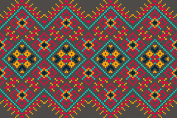 A seamless pixel art pattern inspired by traditional ethnic textiles. Featuring geometric motifs and intricate symmetrical designs, perfect for fashion, fabric prints, digital backgrounds, and decorat