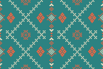 A seamless pixel art pattern inspired by traditional ethnic textiles. Featuring geometric motifs and intricate symmetrical designs, perfect for fashion, fabric prints, digital backgrounds, and decorat