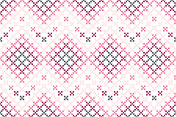 A seamless pixel art pattern inspired by traditional ethnic textiles. Featuring geometric motifs and intricate symmetrical designs, perfect for fashion, fabric prints, digital backgrounds, and decorat
