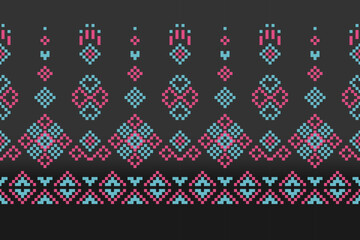 A seamless pixel art pattern inspired by traditional ethnic textiles. Featuring geometric motifs and intricate symmetrical designs, perfect for fashion, fabric prints, digital backgrounds, and decorat