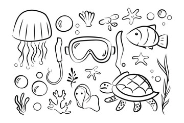 Ocean Wonders: A captivating monochrome illustration of the ocean's depths, showcasing a variety of marine life and diving gear. Evoking a sense of exploration, discovery and underwater adventure.
